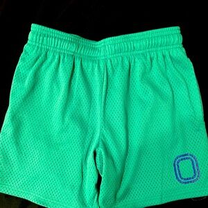 Overtime mesh shorts. YL green with blue logo